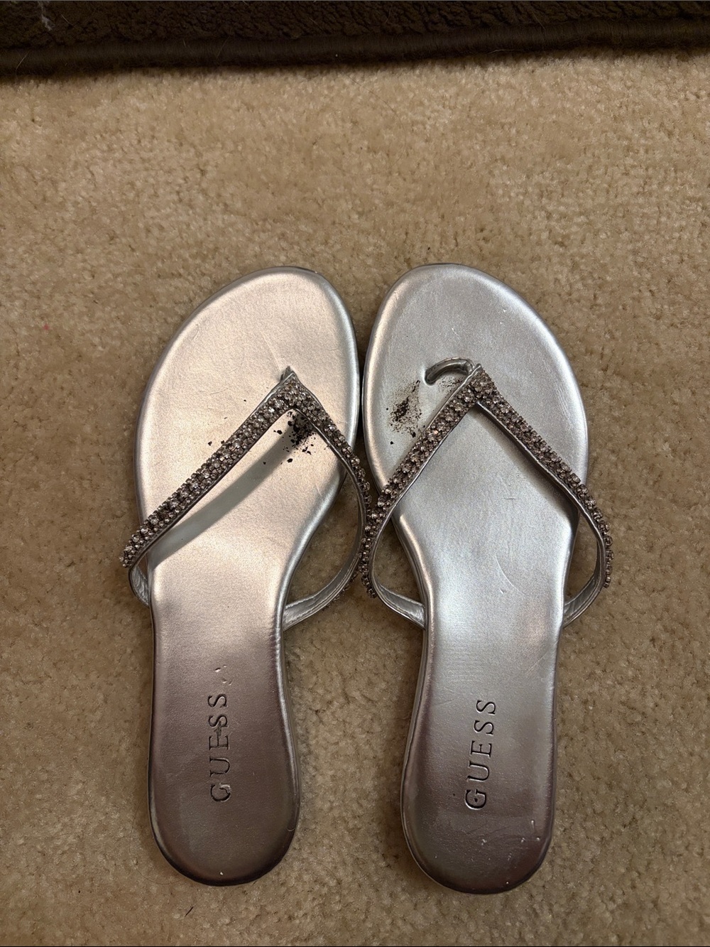 GUESS Silver Crystal-Embellished Thong Sandals